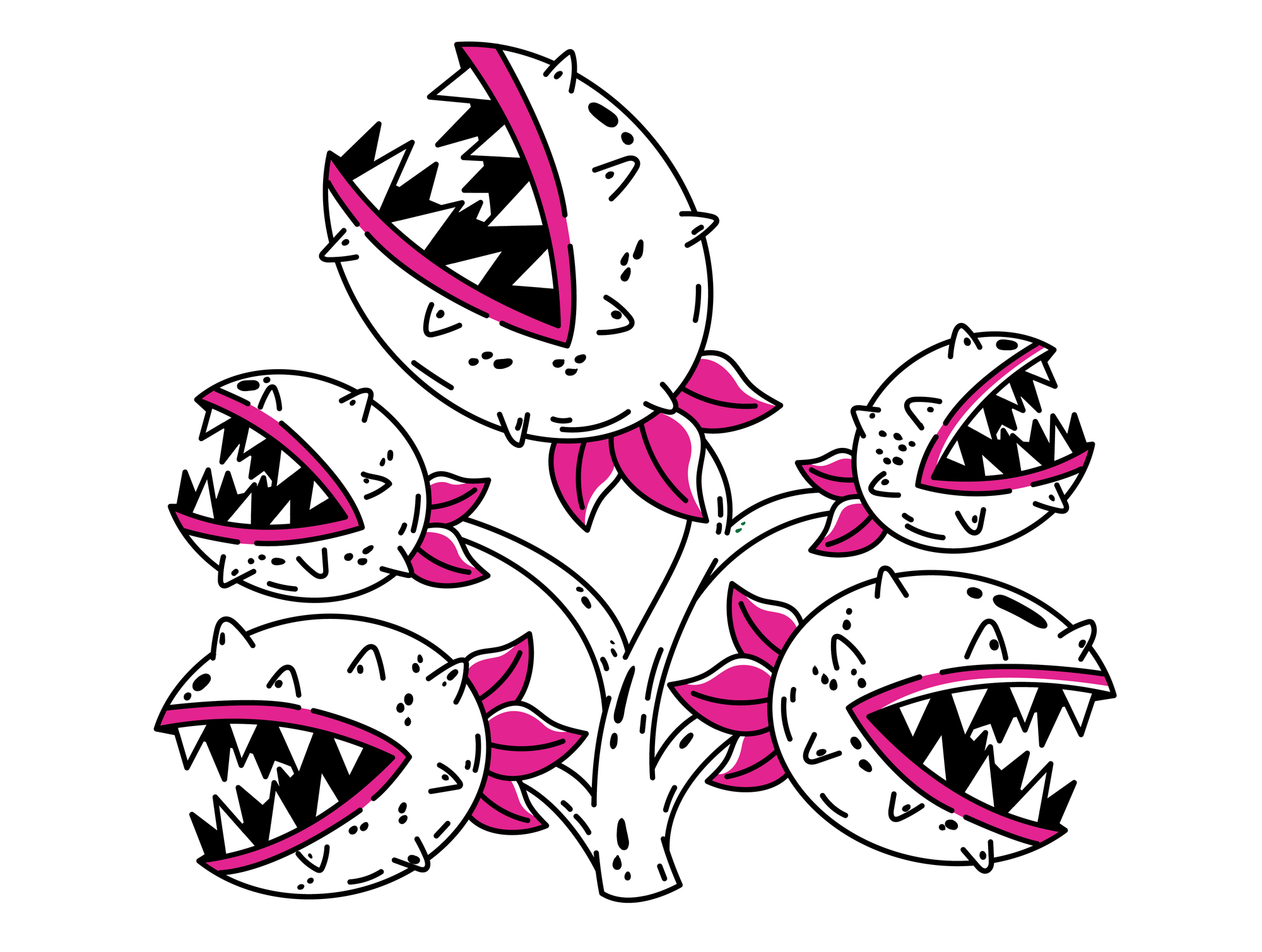 An illustration of a five-headed chompin' venus flytrap featuring a white plant with pink accents