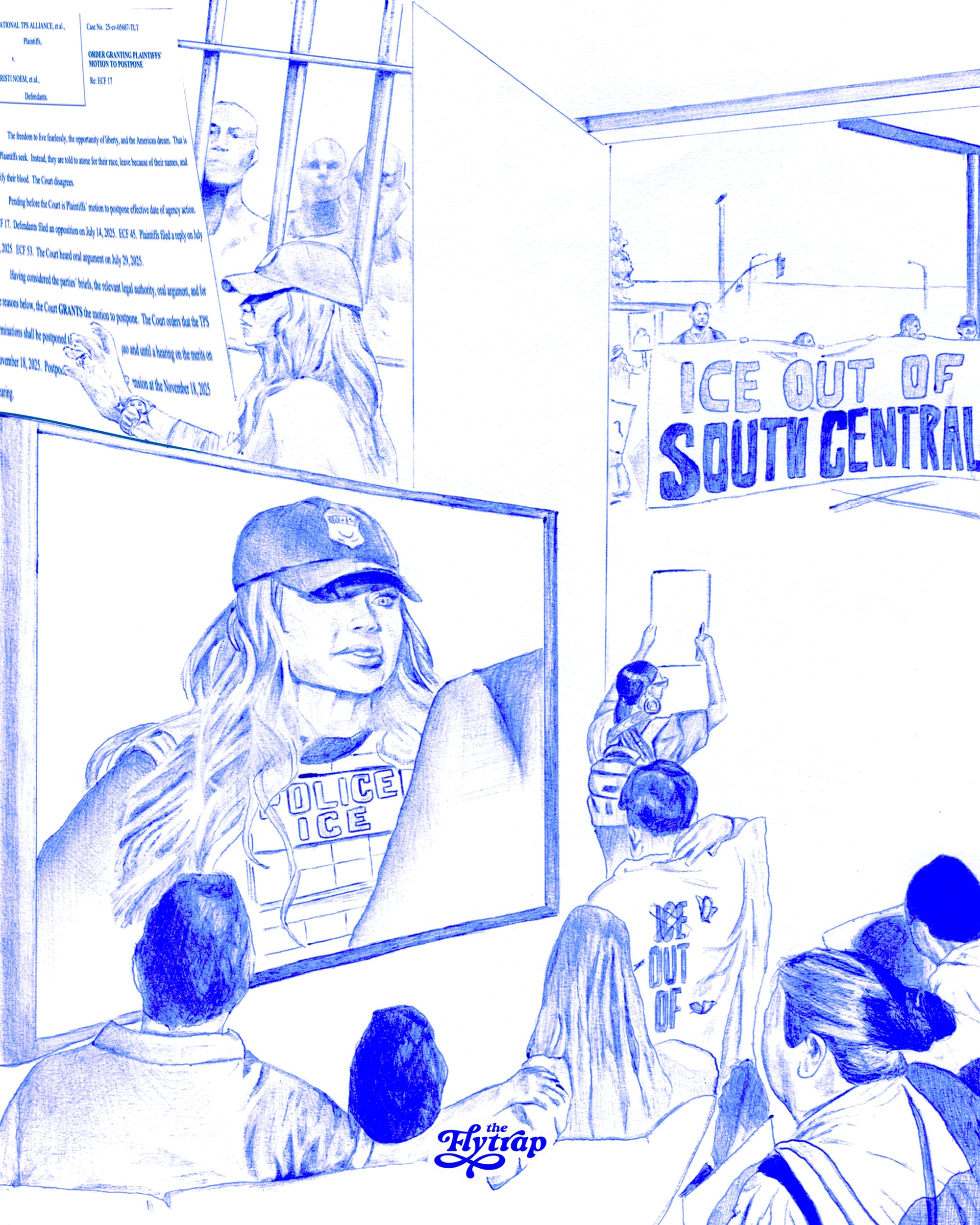 A blue pen and ink drawing of Kristi Noem on TV looming over a room of people who are not thrilled about it. An Ice Out of South Central banner is in the background. 