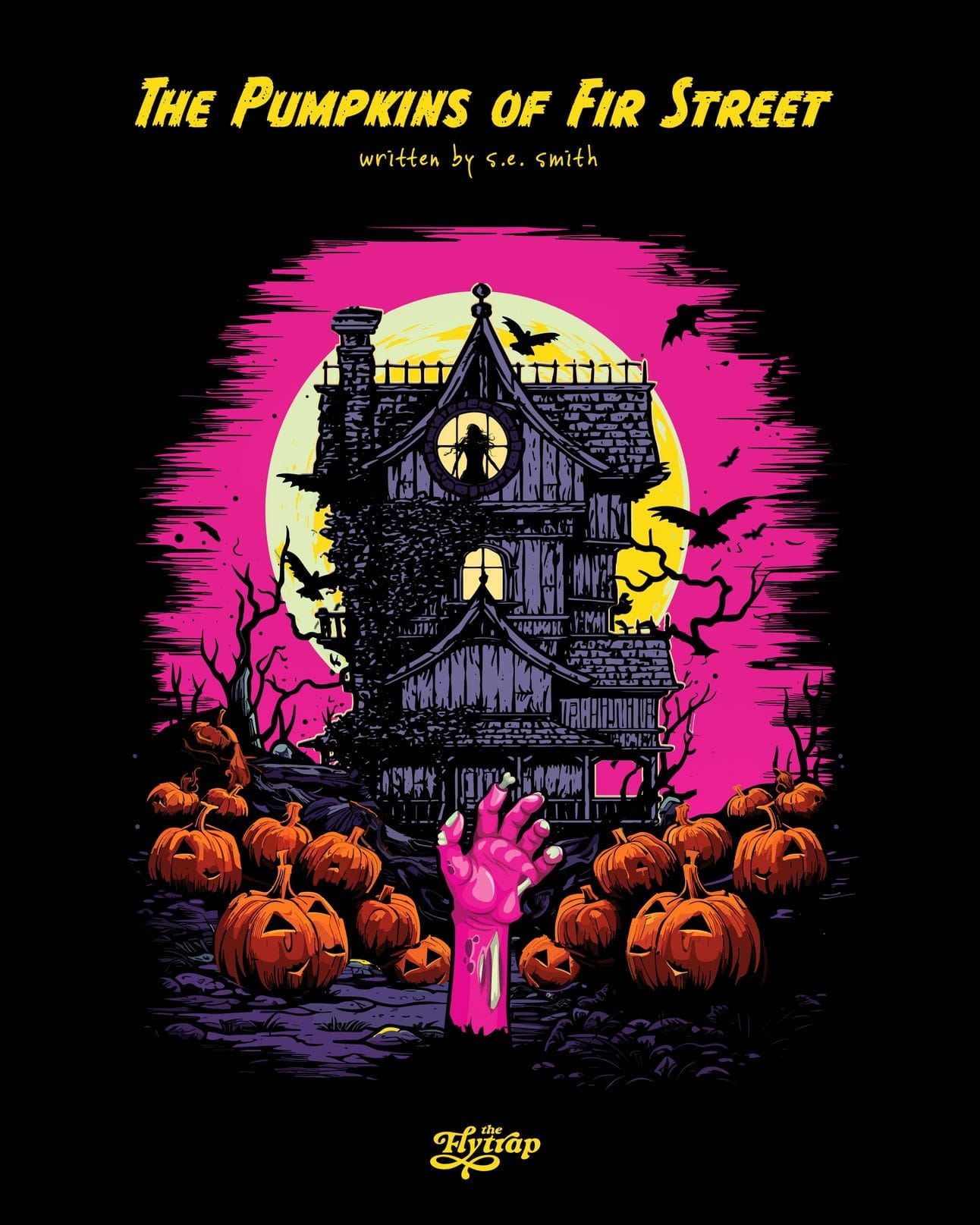 Illustration: A pink zombie hand wrenches out of the earth in a pumpkin patch in front of a Victorian house.