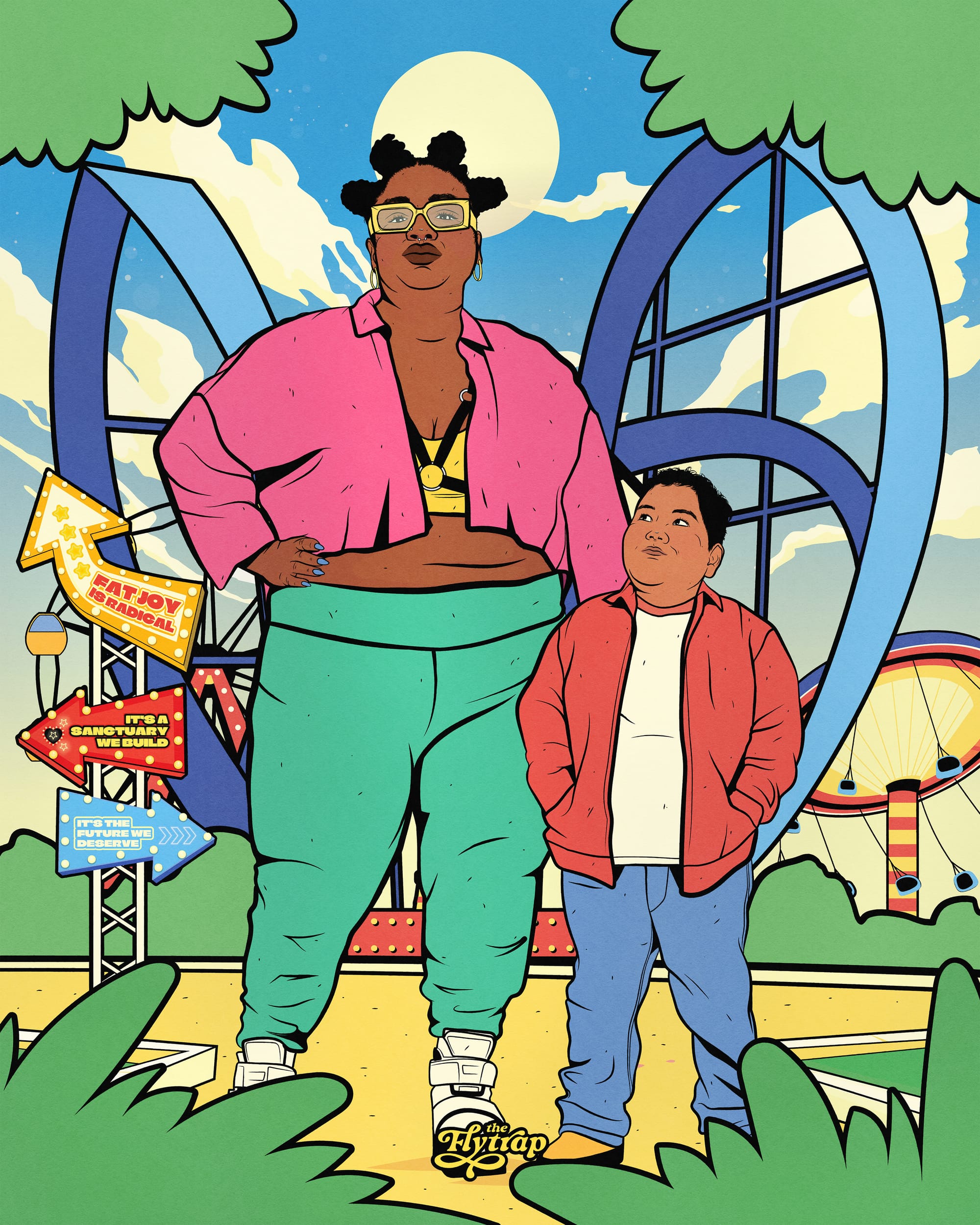 A joyous fat Black woman in a fly outfit standing with a shorter, brown-skinned person in front of an amusement park.