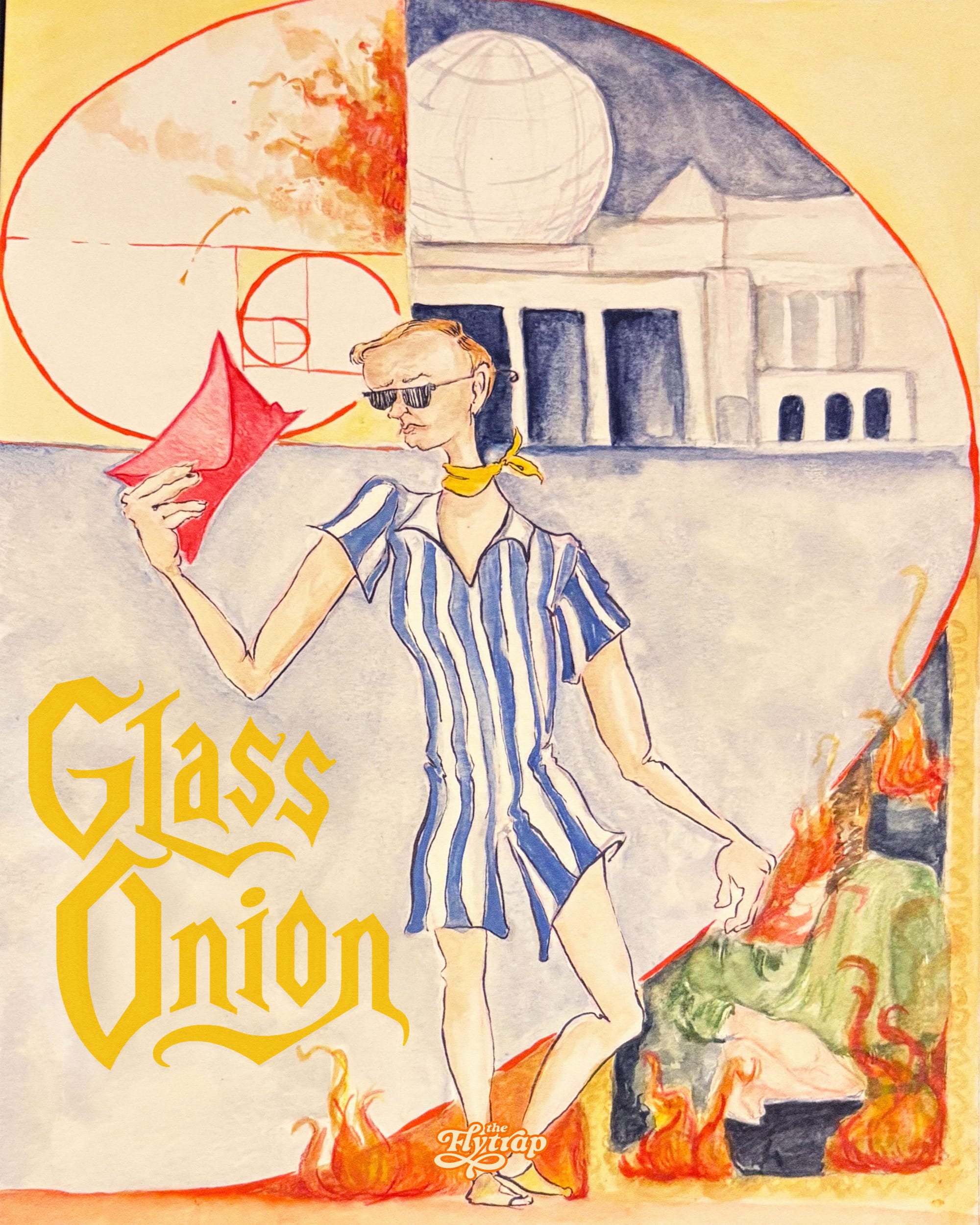 Illustration in vintage poster style: A person in a blue-and-white striped romper, holding a red envelope, with the words 'Glass Onion.'