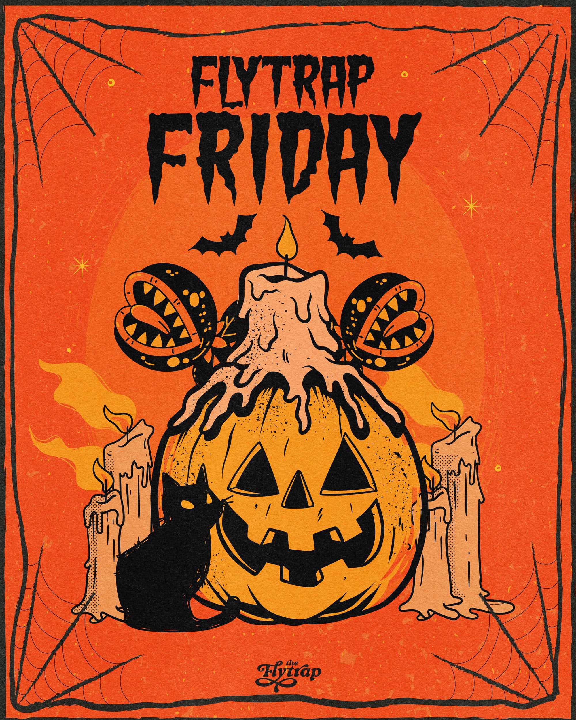 A jack-o-lantern surrounded by candles and Venus flytraps with a black cat.