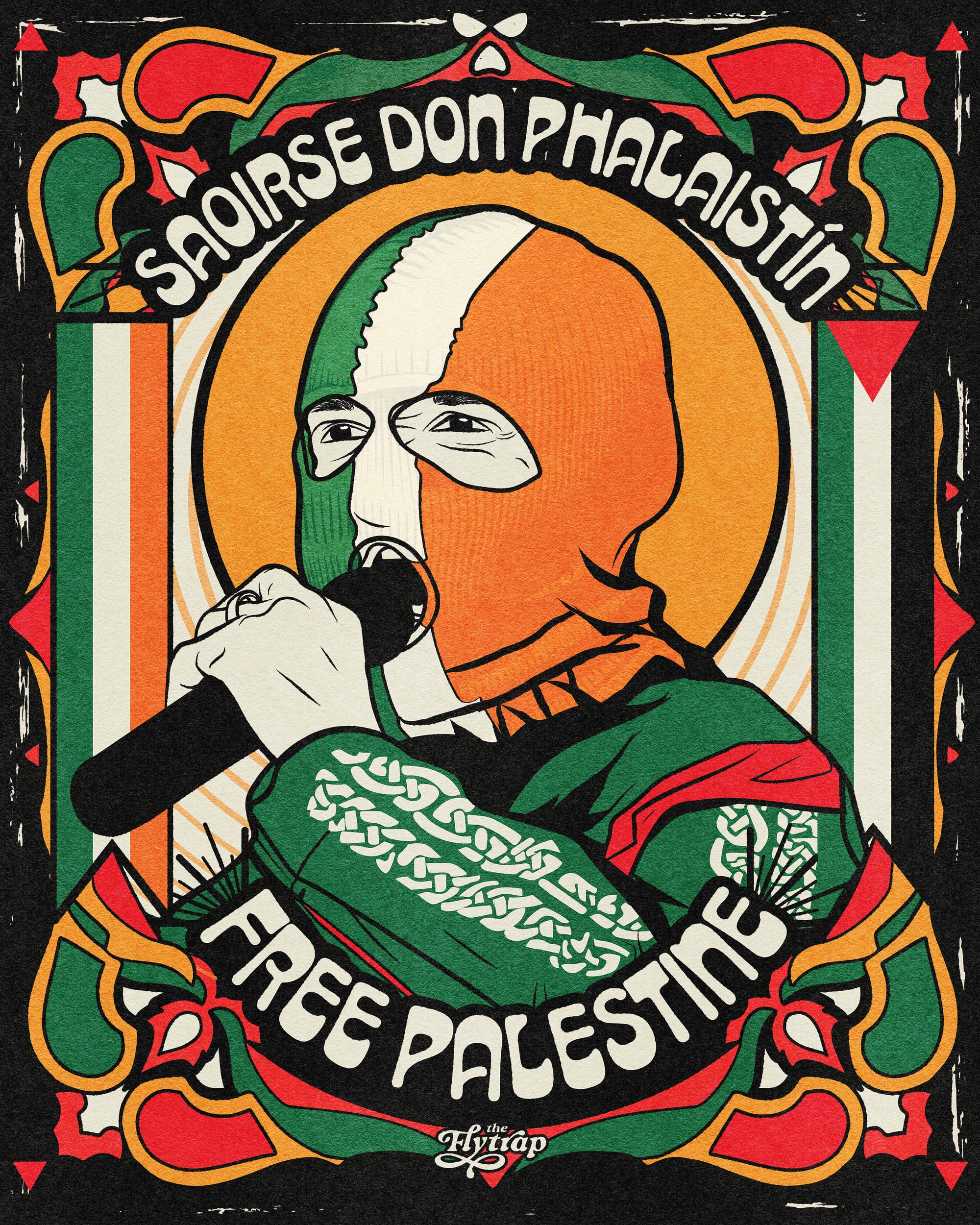 Liam Óg Ó hAnnaidh wearing a mask in the colors of the Irish flag. Text above reads "saoirse don Phalaistin" and below "free Palestine."