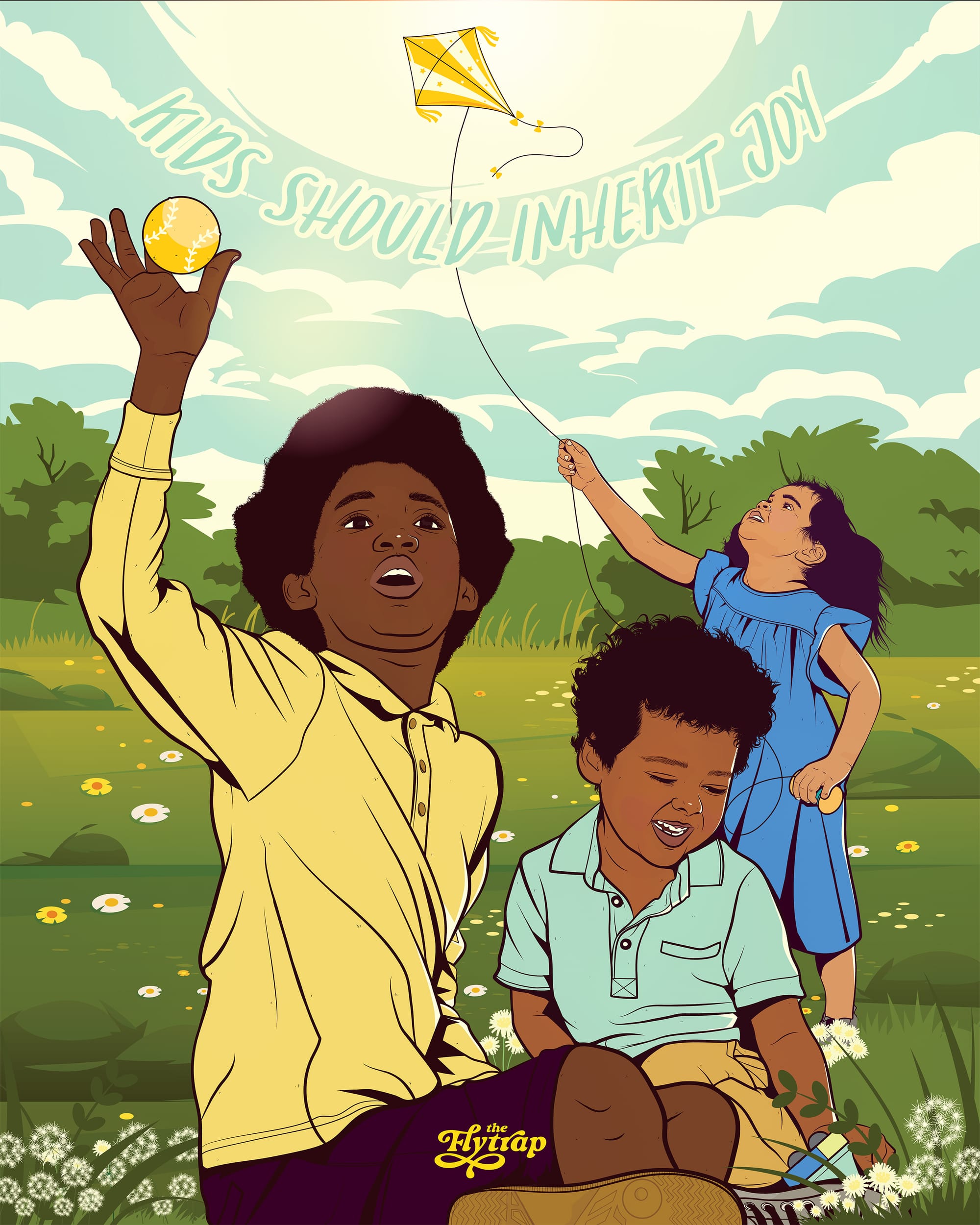 Three Black and Brown children play outside in a meadow, beneath the words KIDS SHOULD INHERIT JOY.