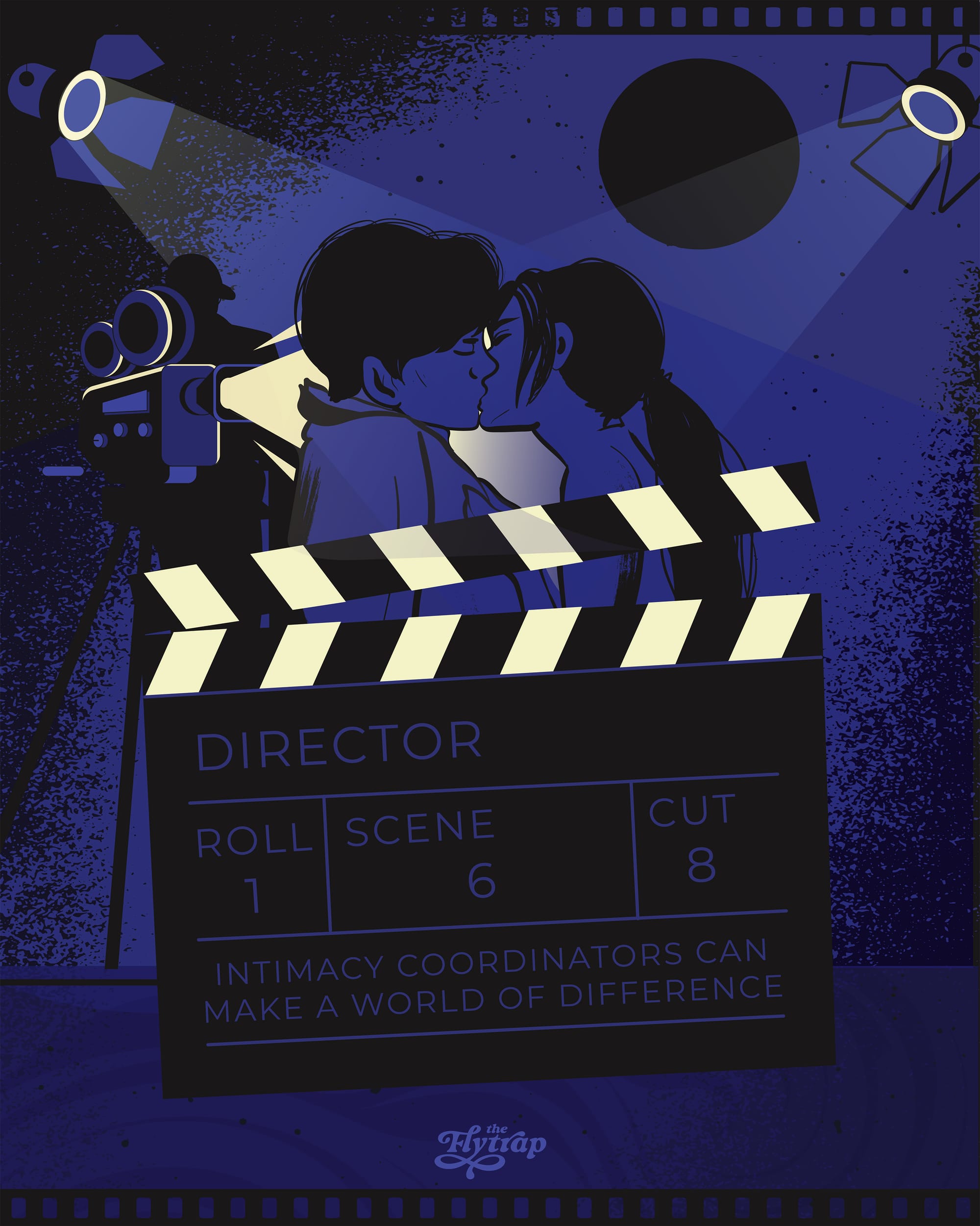 Two people kiss behind a film slate.