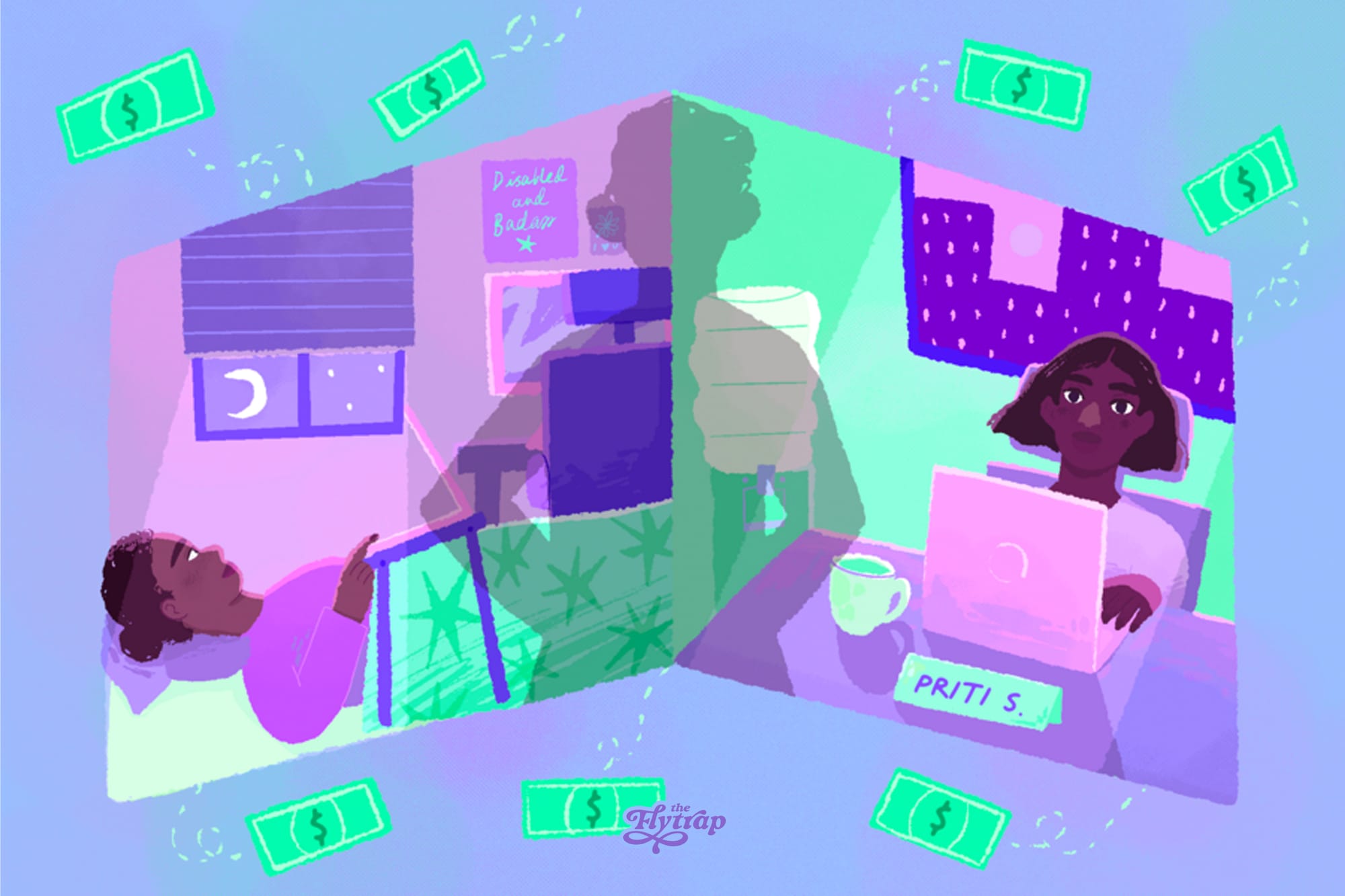 Diptych illustration: A dark-skinned disabled person working on a laptop in bed, and another working at a desk. Dollar bills float around them.