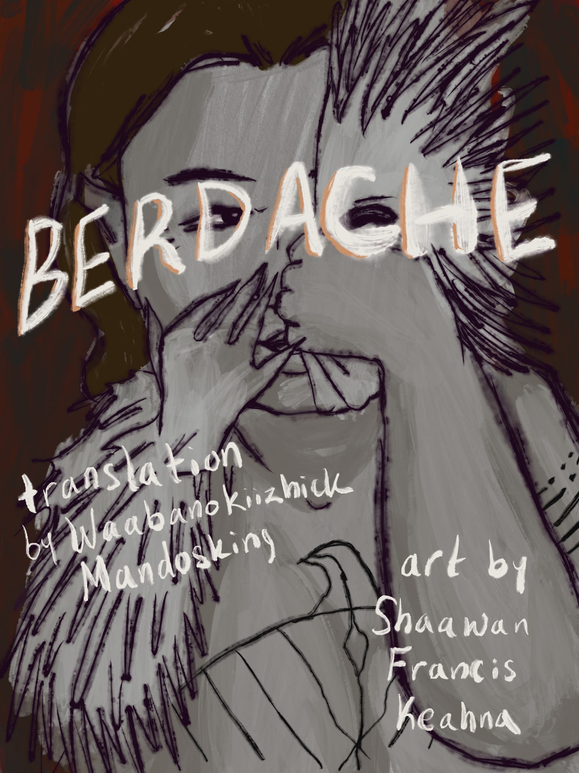 A drawing of a person with a wide-winged bird tattoo on their chest and one feathery arm and feathers on the opposite side of their face; the person is covering their mouth.