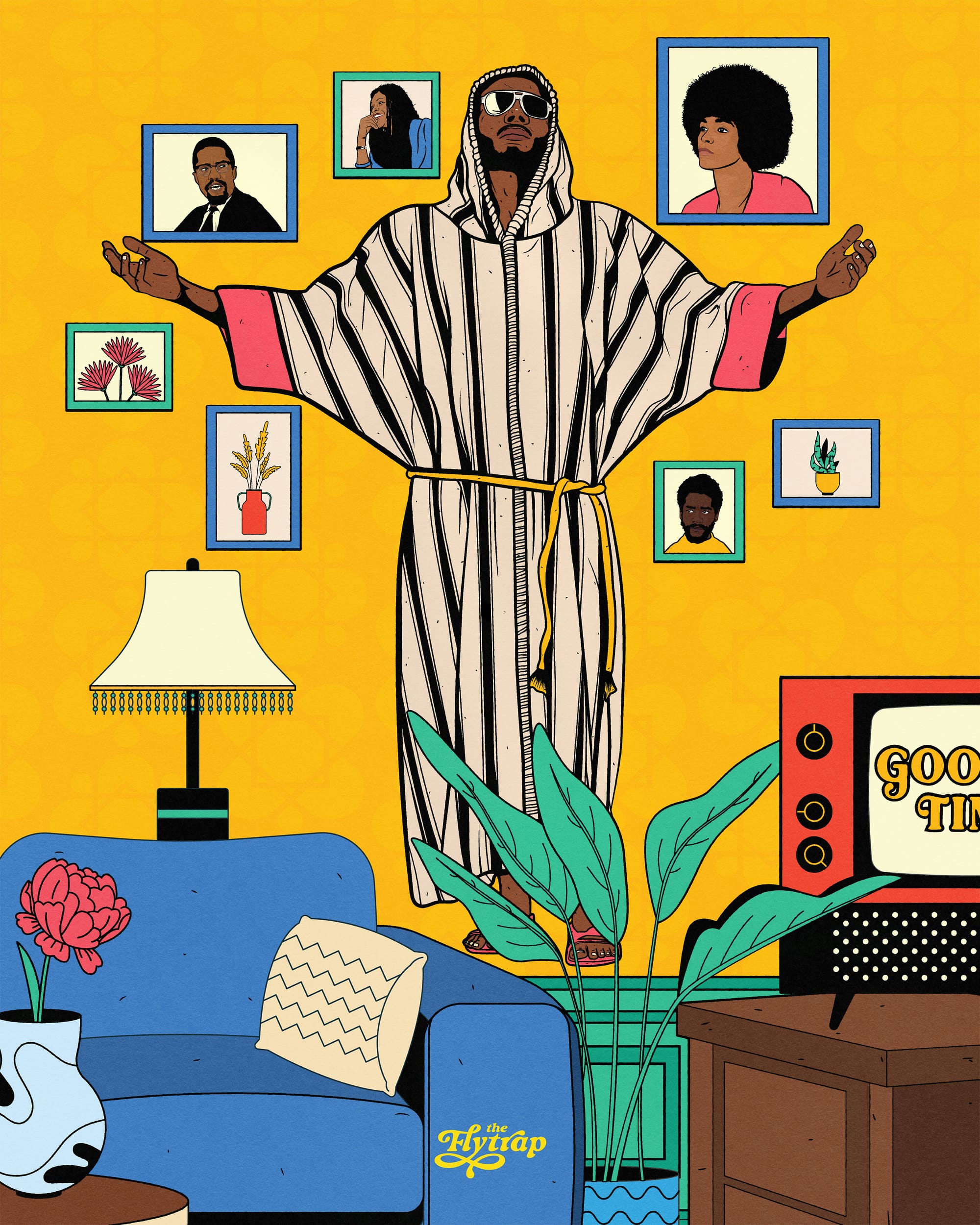 A colorful illustration of a living room, as described in the piece: a couch in plastic, "Good Times" on a tv, a "Black Moses" style figure on the wall