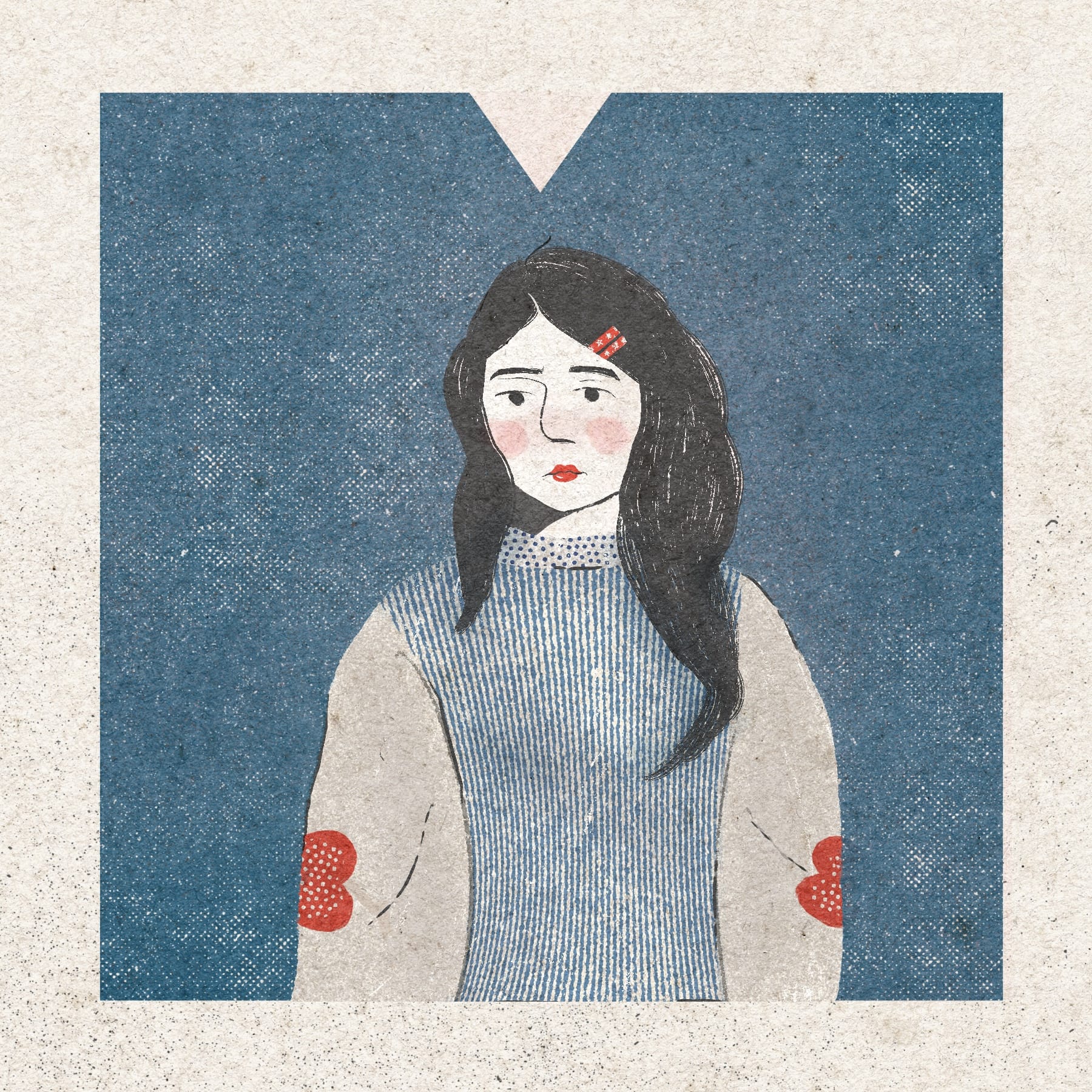 Melissa's illustrated self-portrait: A pale-skinned person with rouged cheeks and long black hair. She's wearing a white and blue sweater with heart patches on the elbows.