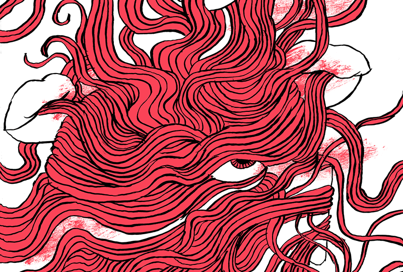 A red and black illustration of disembodied lips and eyes and a snarl of noodles.