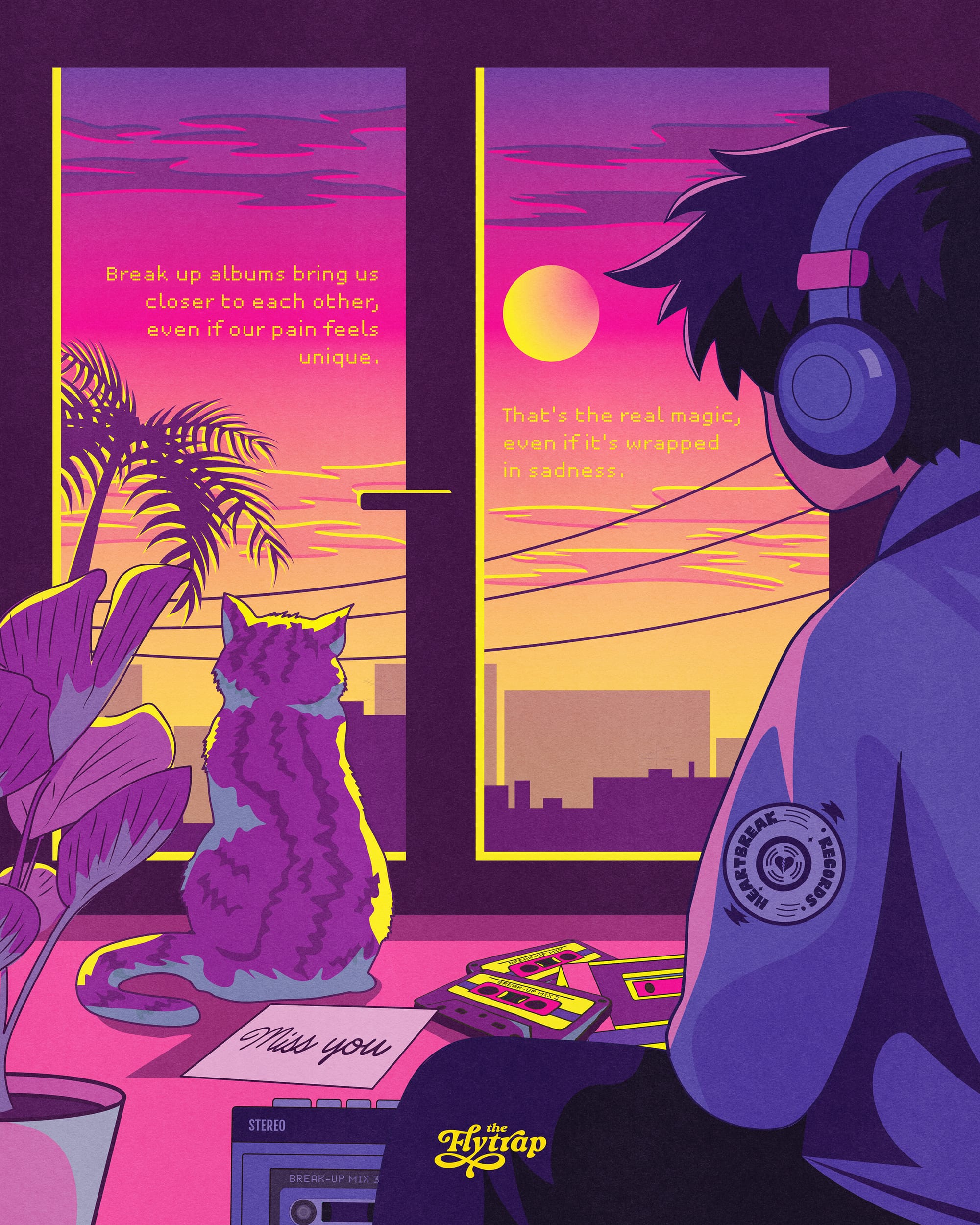 A person wearing headphones looks out their window. A cat is also looking out the window. It says "Break up albums bring us closer to each other, even if our pain feels unique.