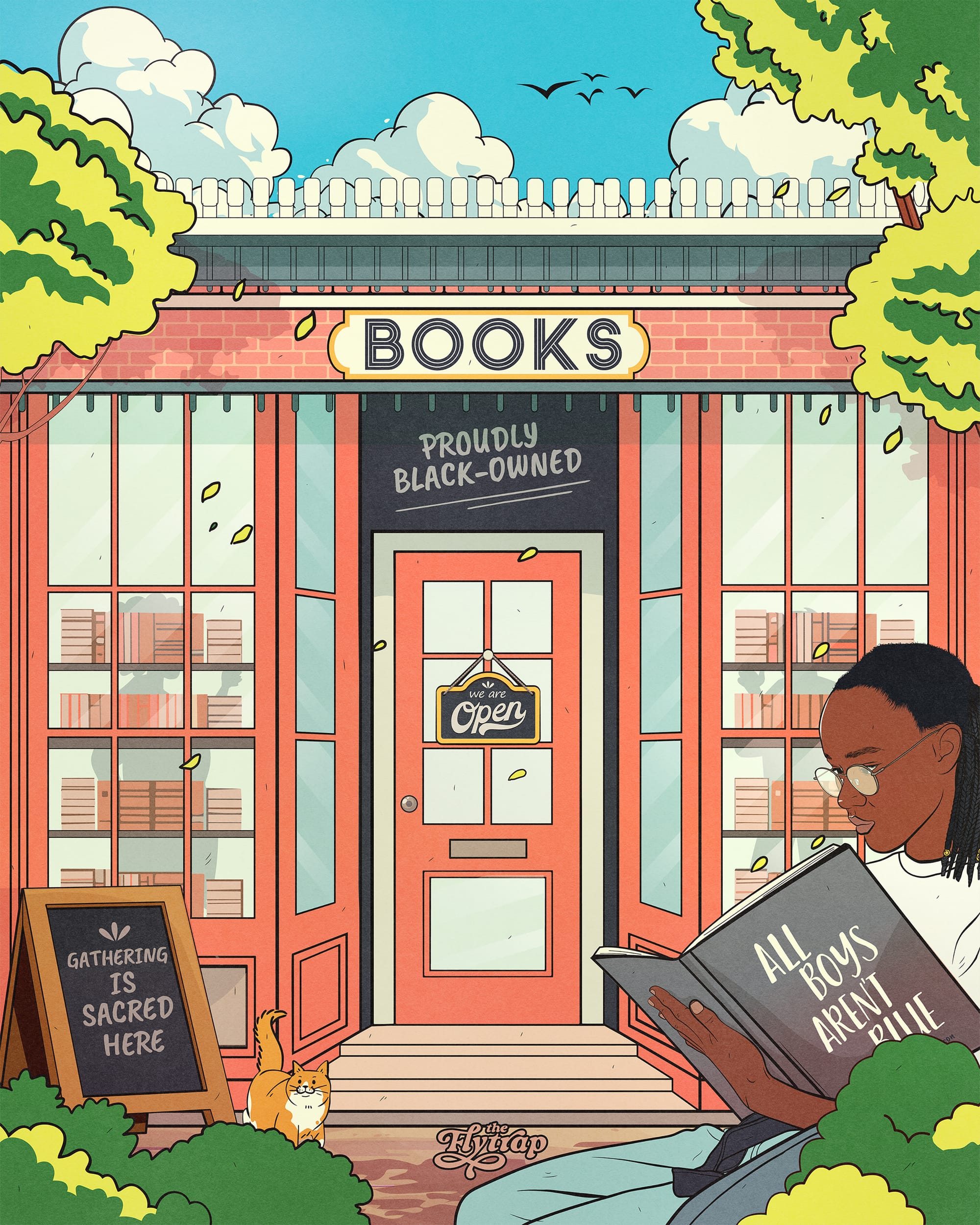 An illustration featuring the front of a Black-owned bookstore; a Black person with braids is pictured out front alongside an orange kitty and a sign reading "gathering is sacred here"