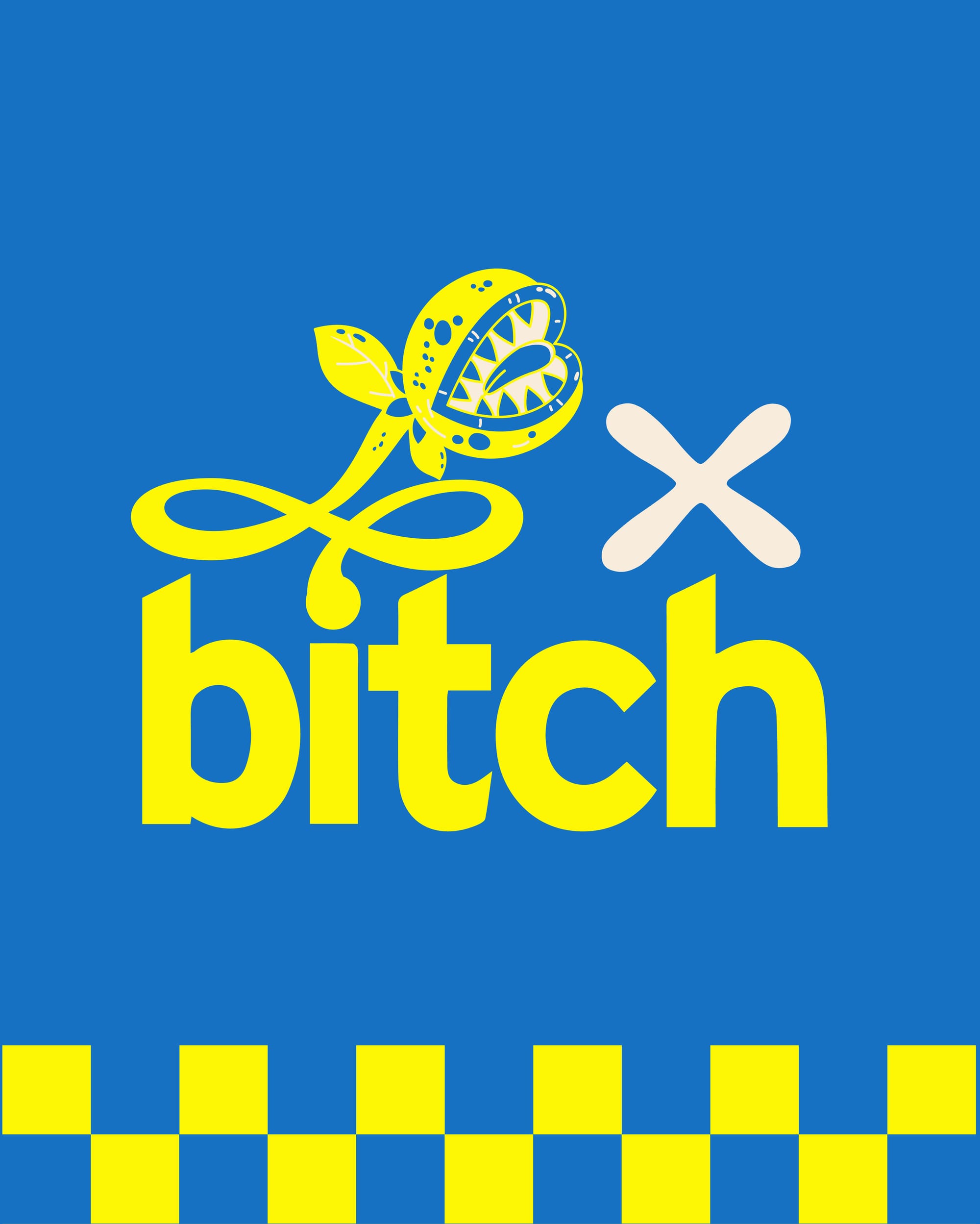 Illustration in neon yellow and ocean blue symbolizes the Flytrap's collaboration with Bitch: a venus flytrap's swirly tail dots the "I" in Bitch