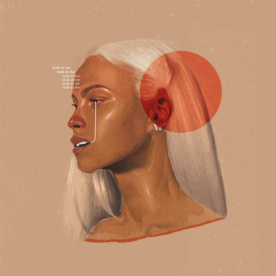 A woman's head. She has long blonde hair and silver hoops in her ears. The text "look at me" repeats itself across her forehead.