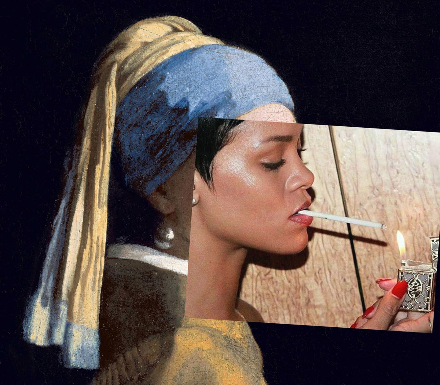Vermeer's "Woman With a Pearl Earring," edited to replace her face with a photo of a brown-skinned woman lighting a cigarette.
