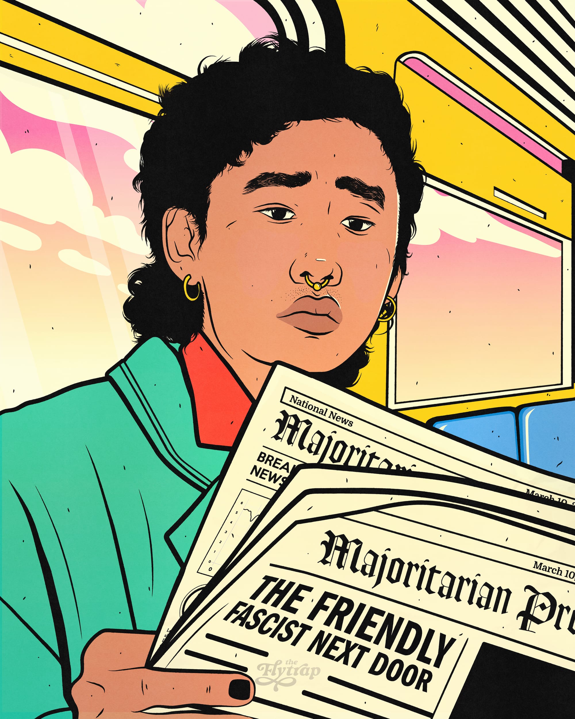 A brown-skinned person with curly dark hair, black painted nails, and gold jewelry reading a newspaper about "the friendly fascist next door."