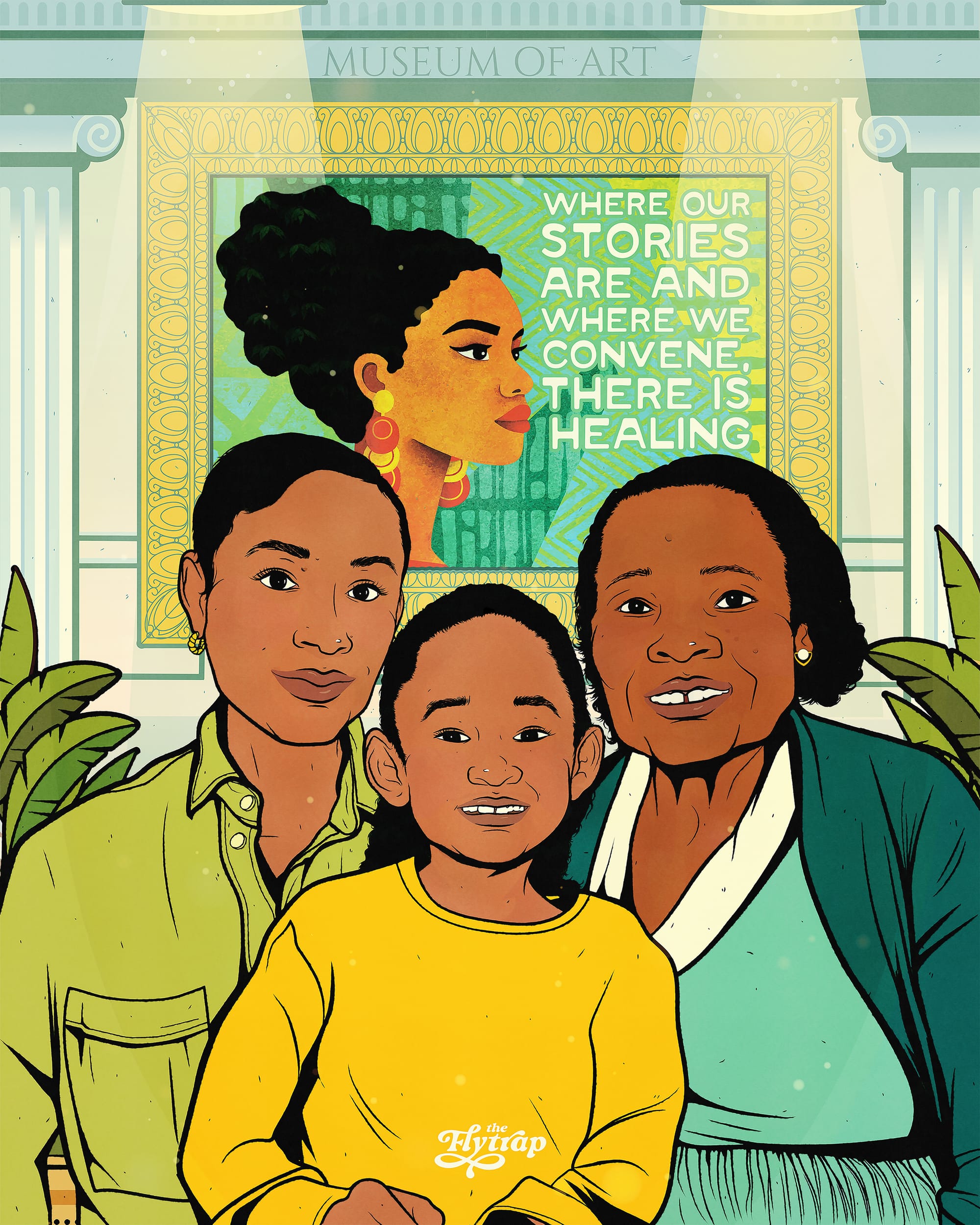 A group of three brown-skinned people of an older, middle, and youth generation pose smiling in front of an art museum