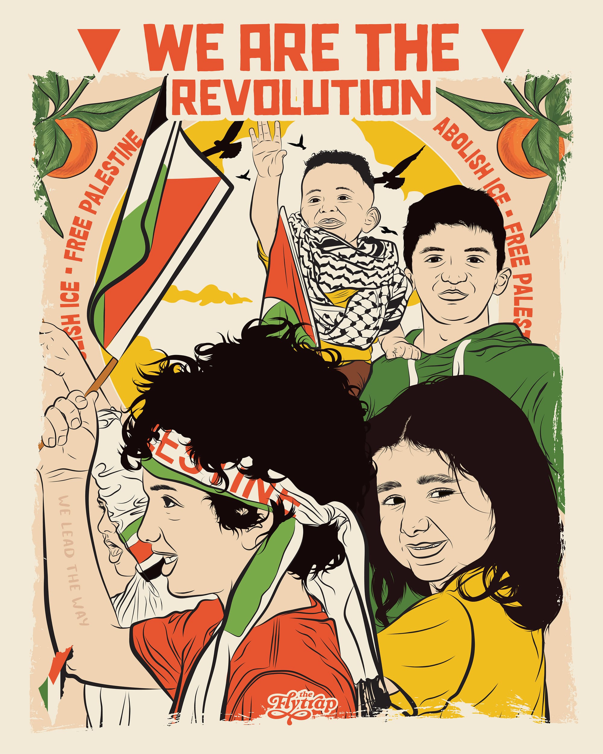 Children protesting in support of a free Palestine, surrounded by a wreath of oranges. A header reads: "We are the revolution."