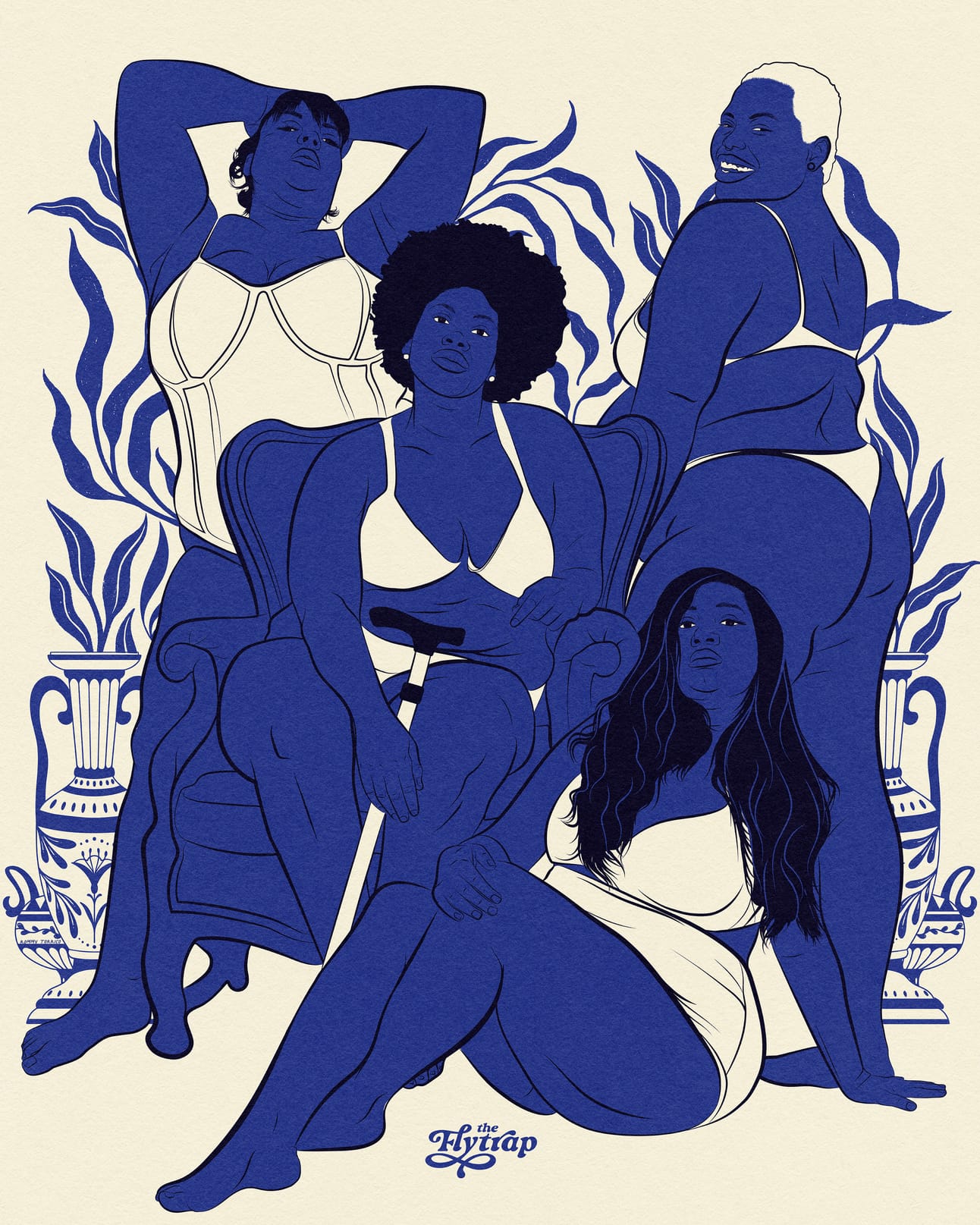 Illustration in blue and white: Four gorgeous fat women in lingerie posing together. One has a cane.