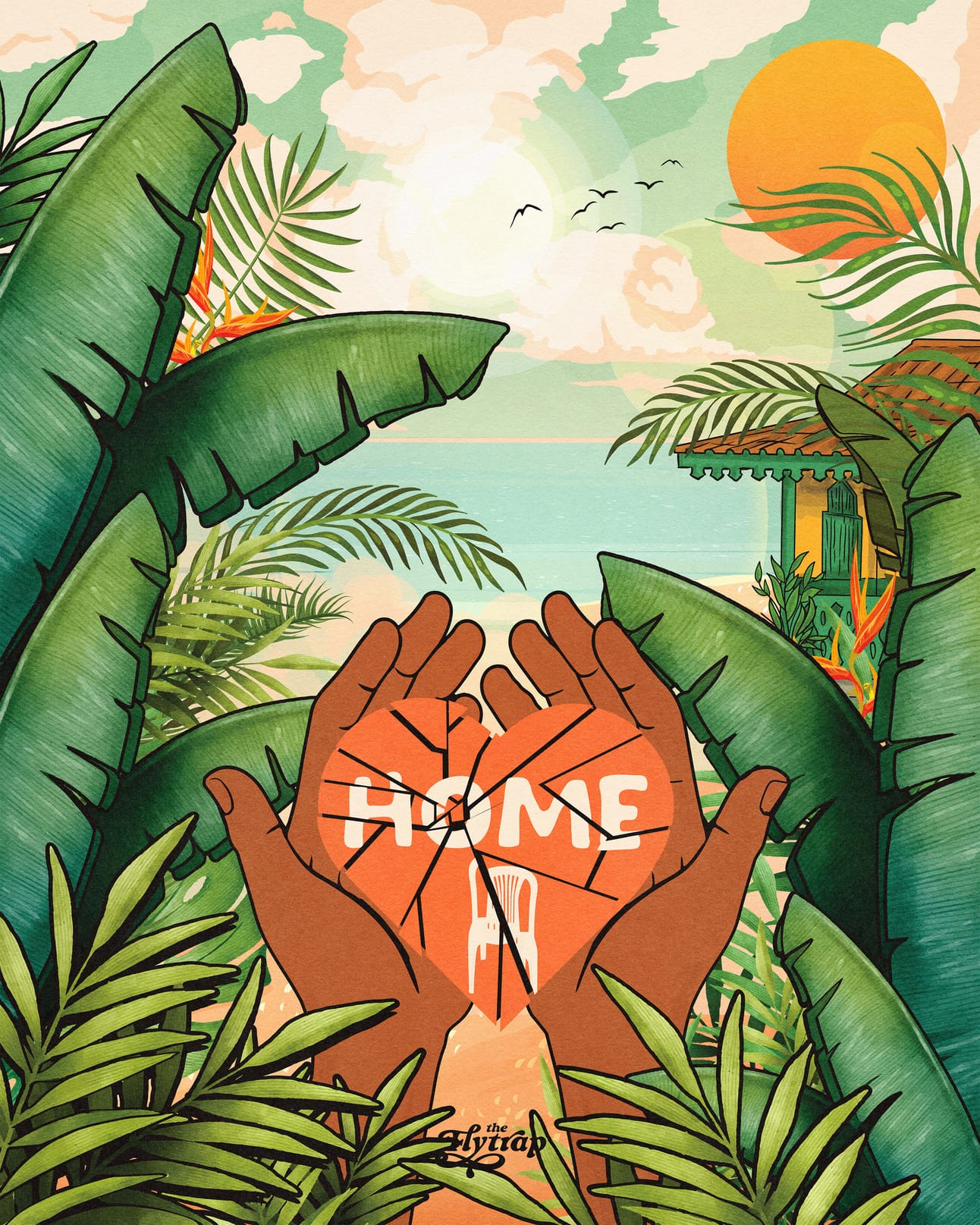 Illustration: A lush Puerto Rican landscape. In the foreground, a pair of brown hands hold up a shattered heart with the word "home."