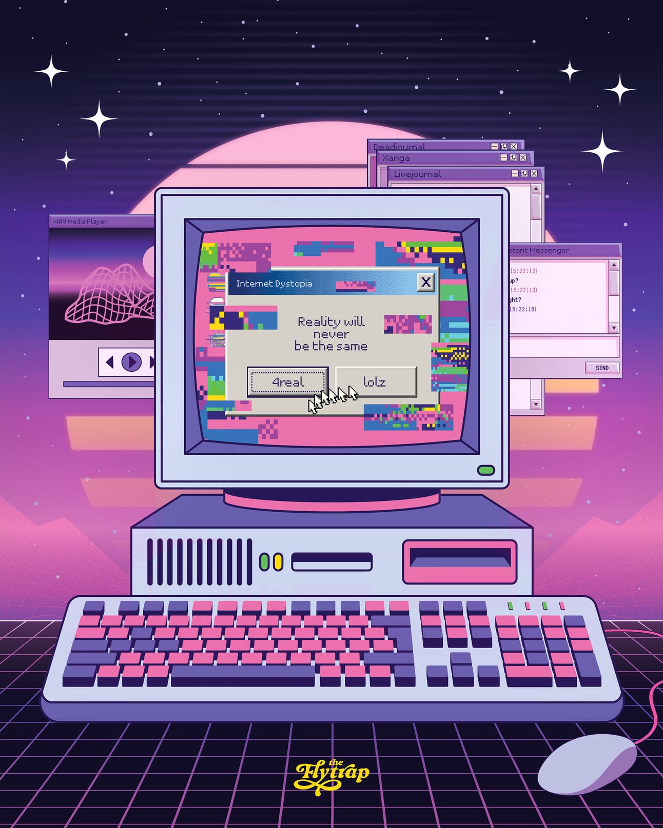 Illustration: A desktop computer in very '80s shades of pink and purple. 