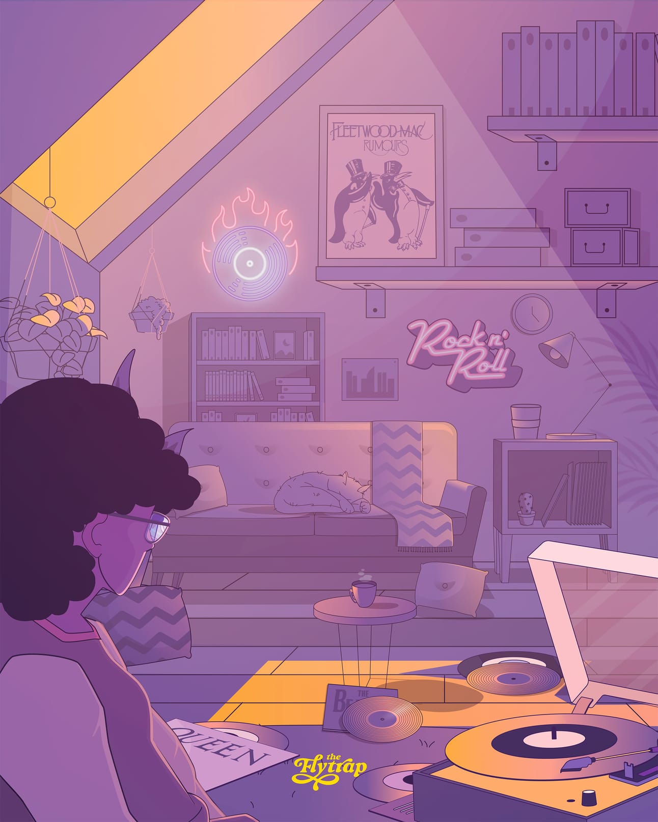 Illustration: Nicole listening to records, with a cat curled up on the couch.