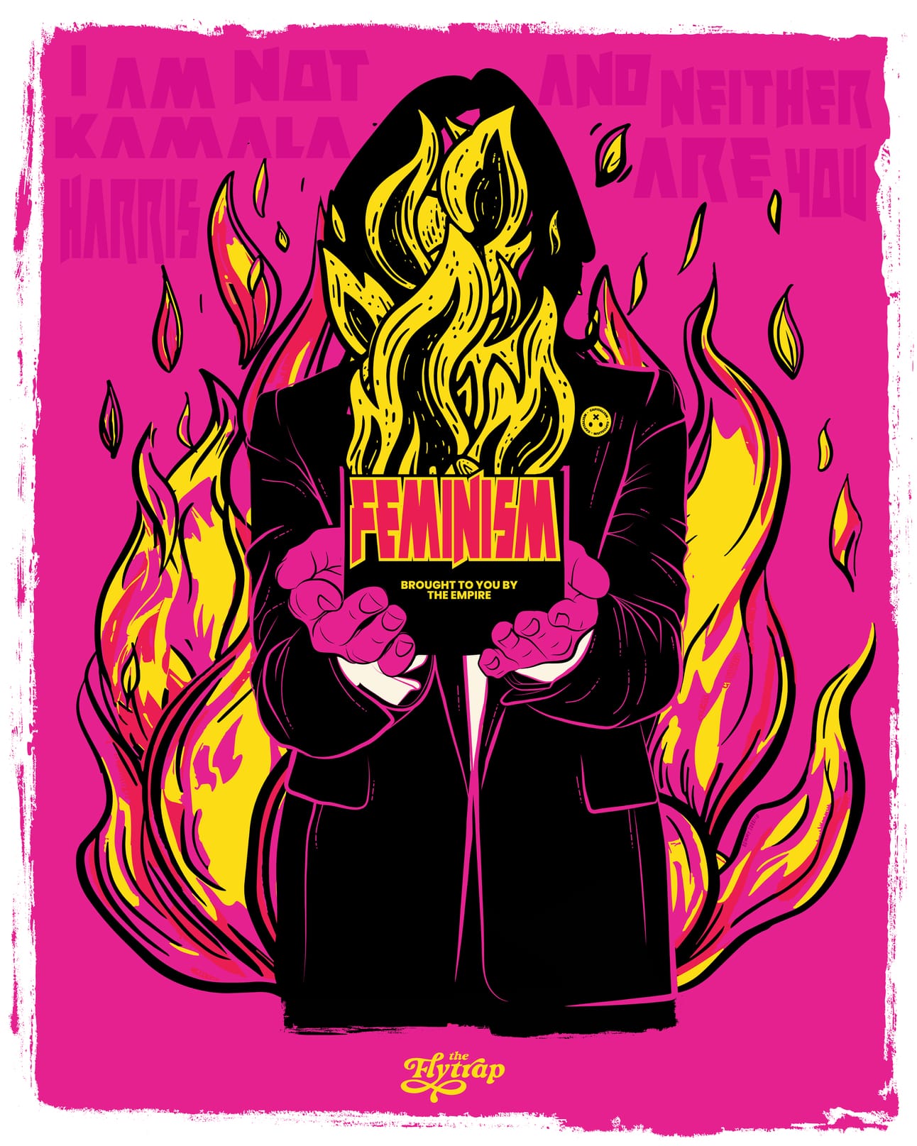 Illustration in pink, yellow, and white: A besuited girlboss in front of a fire holds up a box labeled "Feminism."
