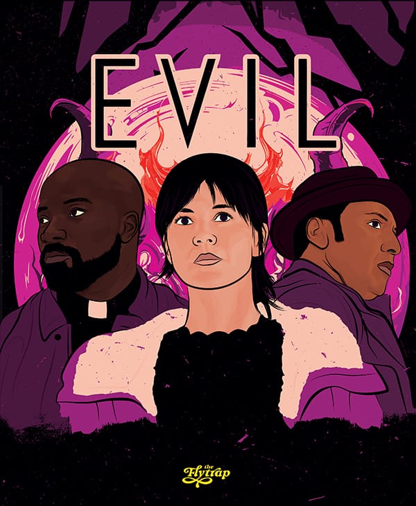 Illustration in purple, black, and brown: Three characters from "Evil" stare defiantly at the reader.