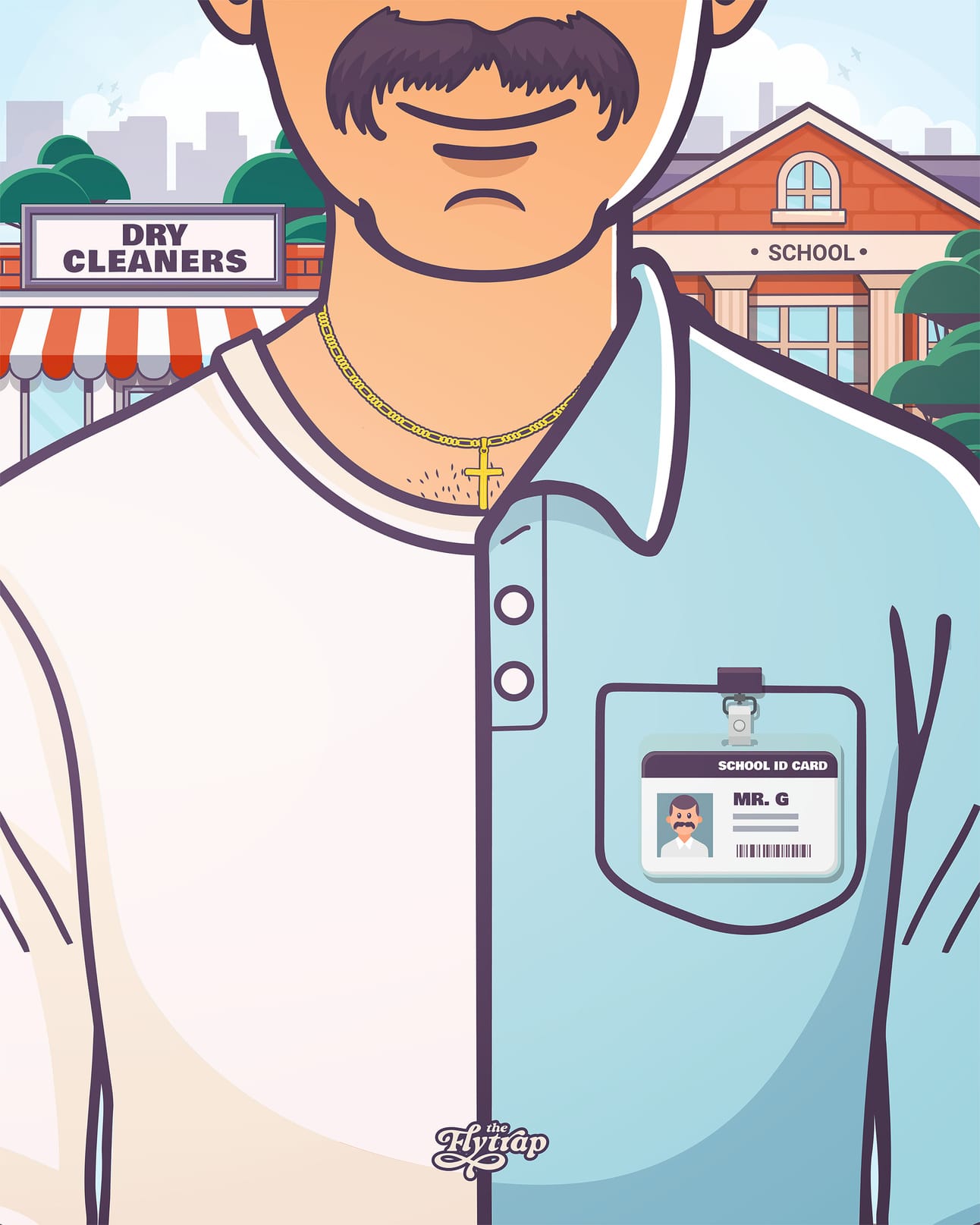 An illustration of Mr G, pocket protector in place, standing in front of a school and a dry cleaners'. 