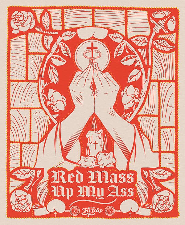 Illustration in red and white: Praying hands in stained glass surrounded by flowers and Catholic iconography.