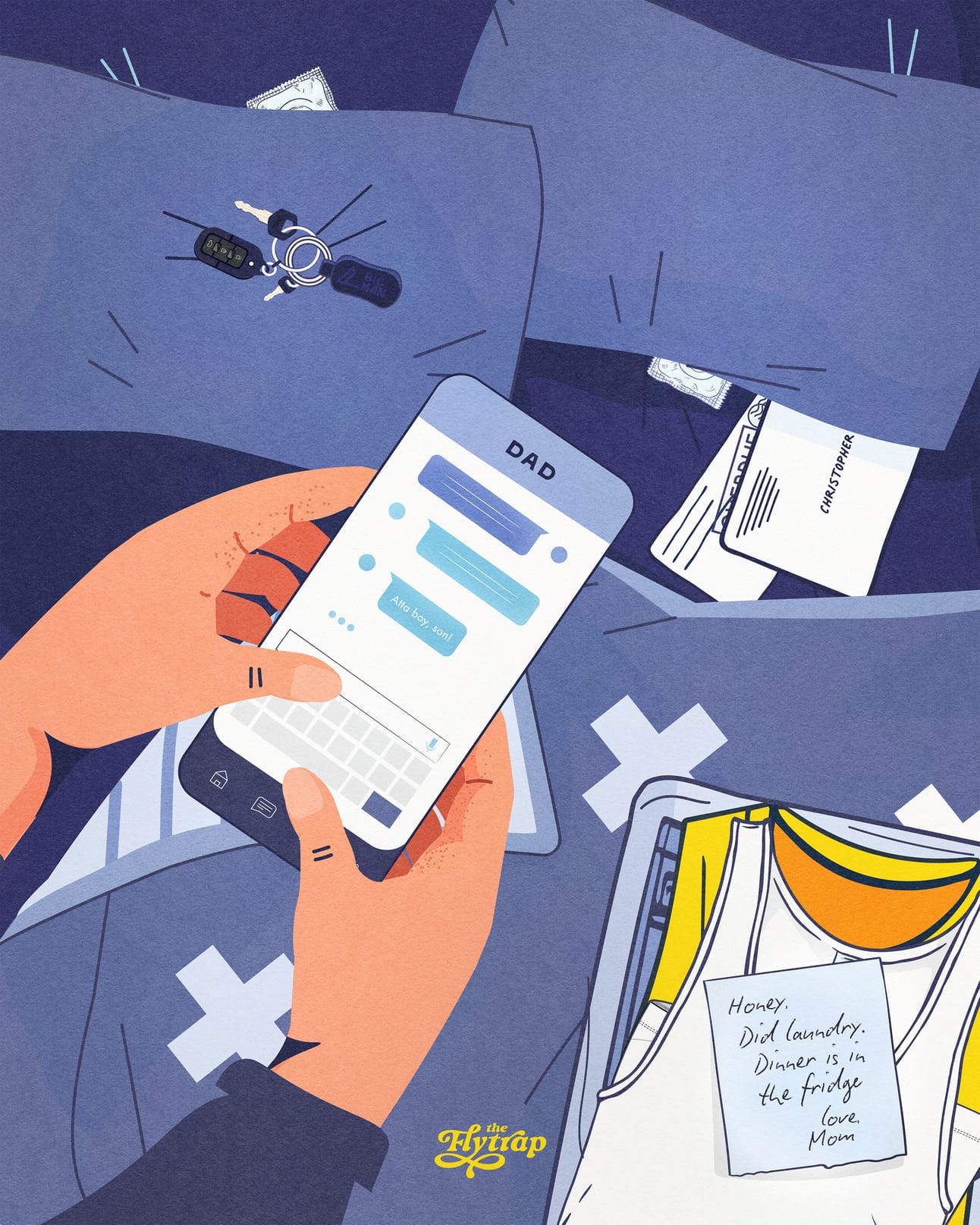 Illustration: Pale hands hold up a phone with a text exchange with Dad against the background of a messy bedroom.