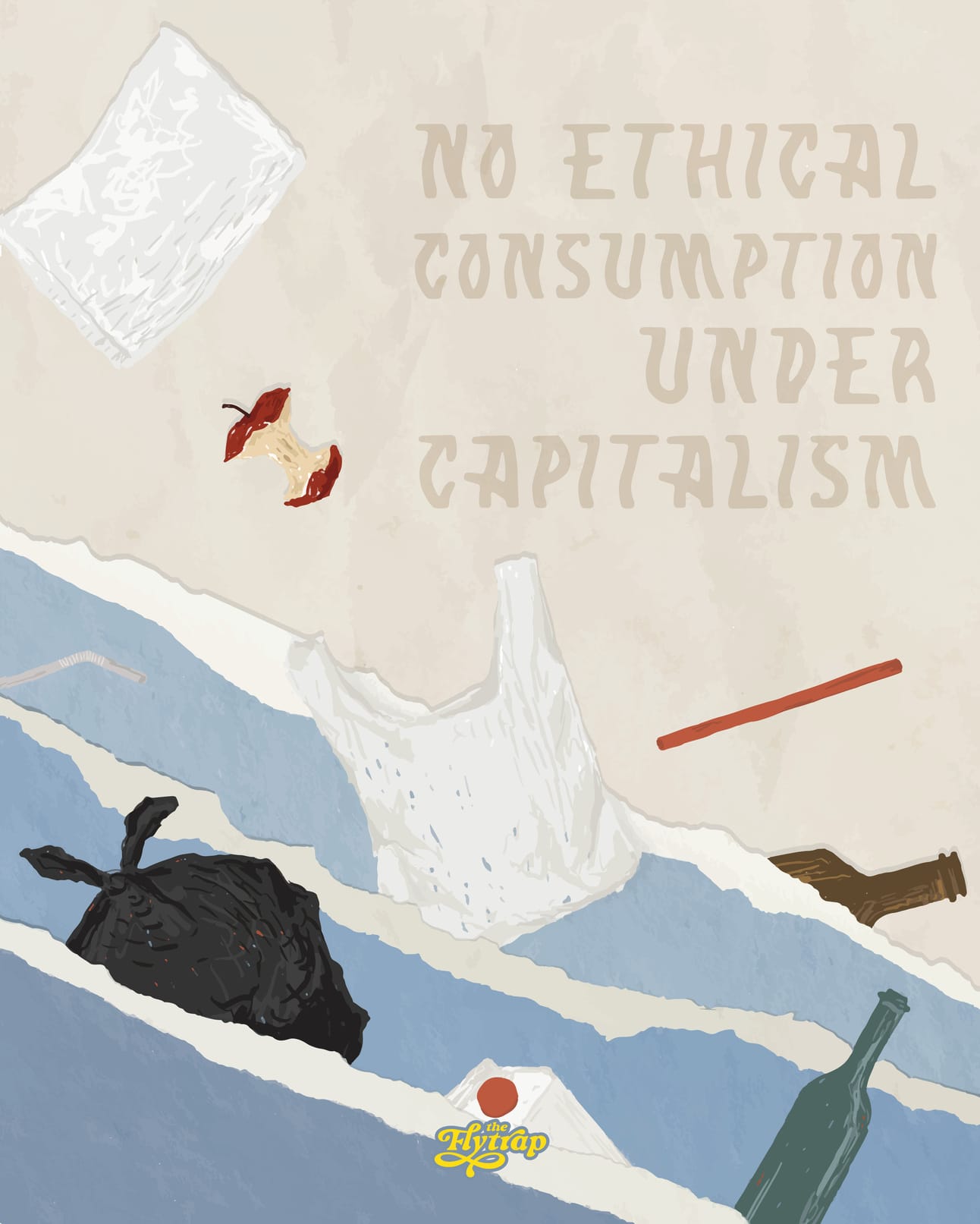 Illustration: Waves of garbage washing up on a beach. 