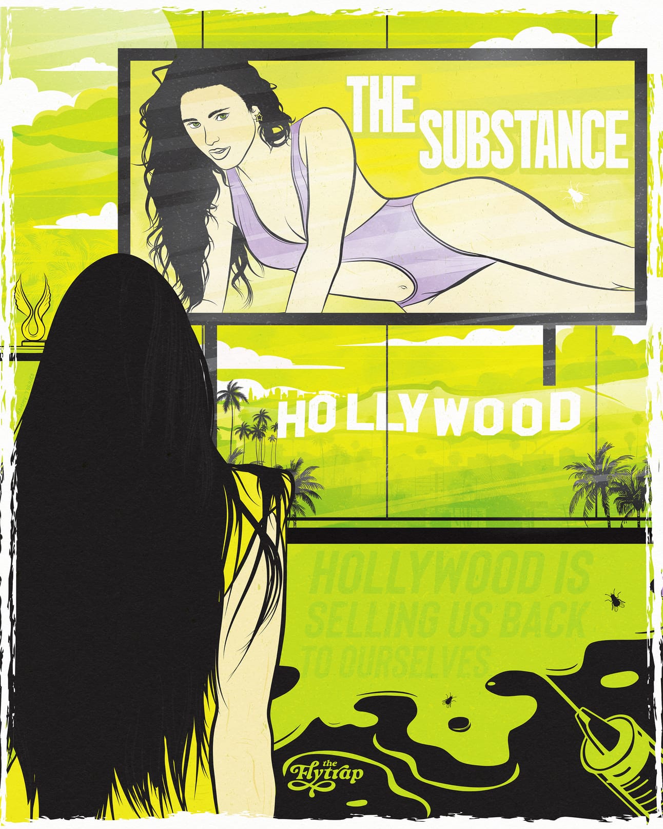 Illustration in green and black: A long-haired person faces a billboard advertising "The Substance" while a syringe oozes green goo.