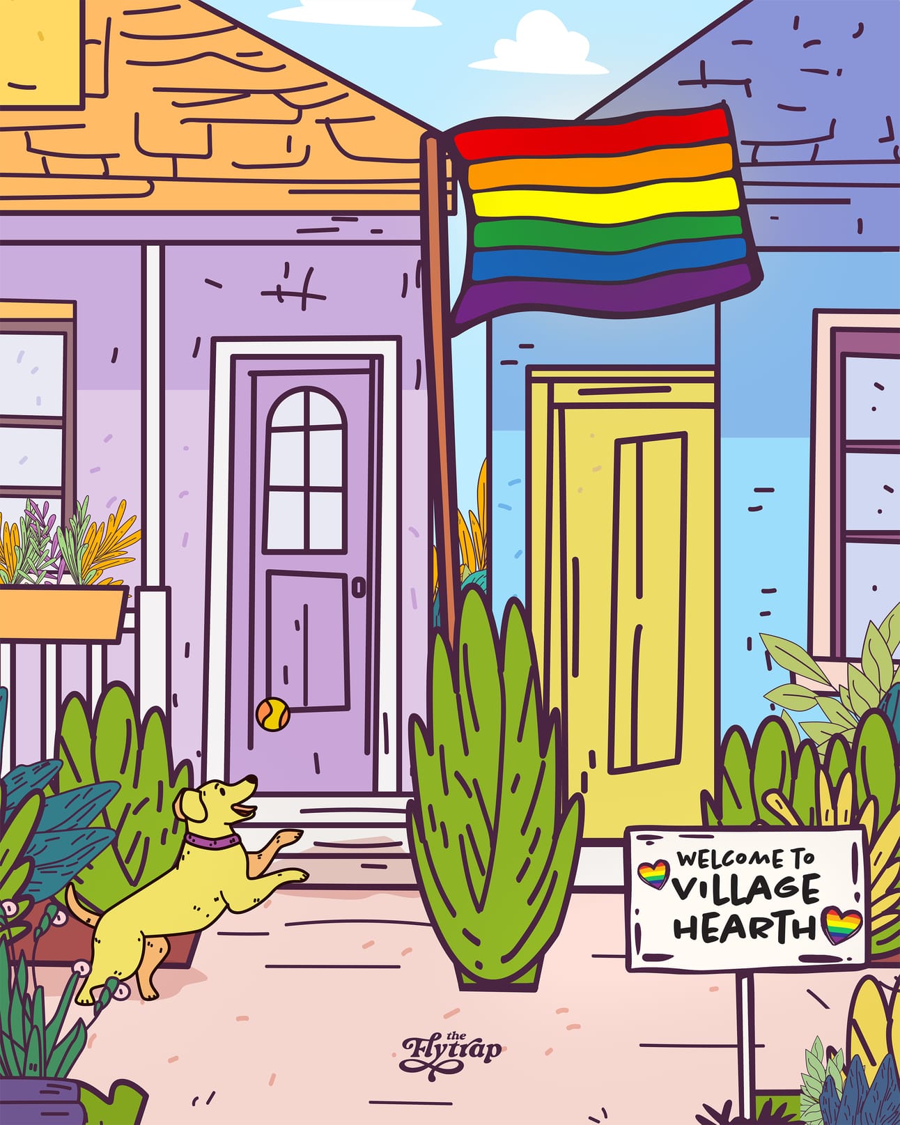 An illustration of cozy houses, pride flags, and a playing dog with a sign: Welcome to Village Hearth.