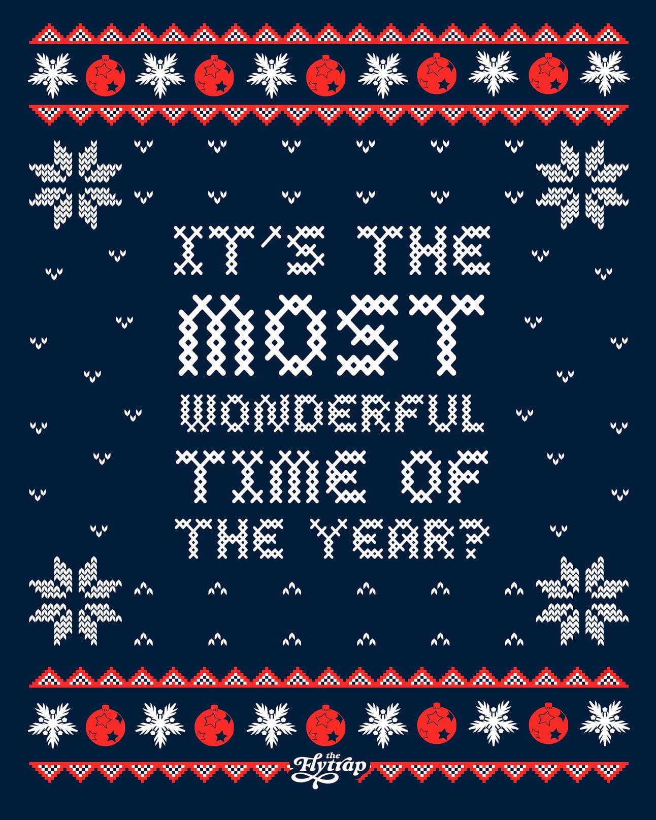 Illustration of an ugly holiday sweater with "It's the most wonderful time of the year."