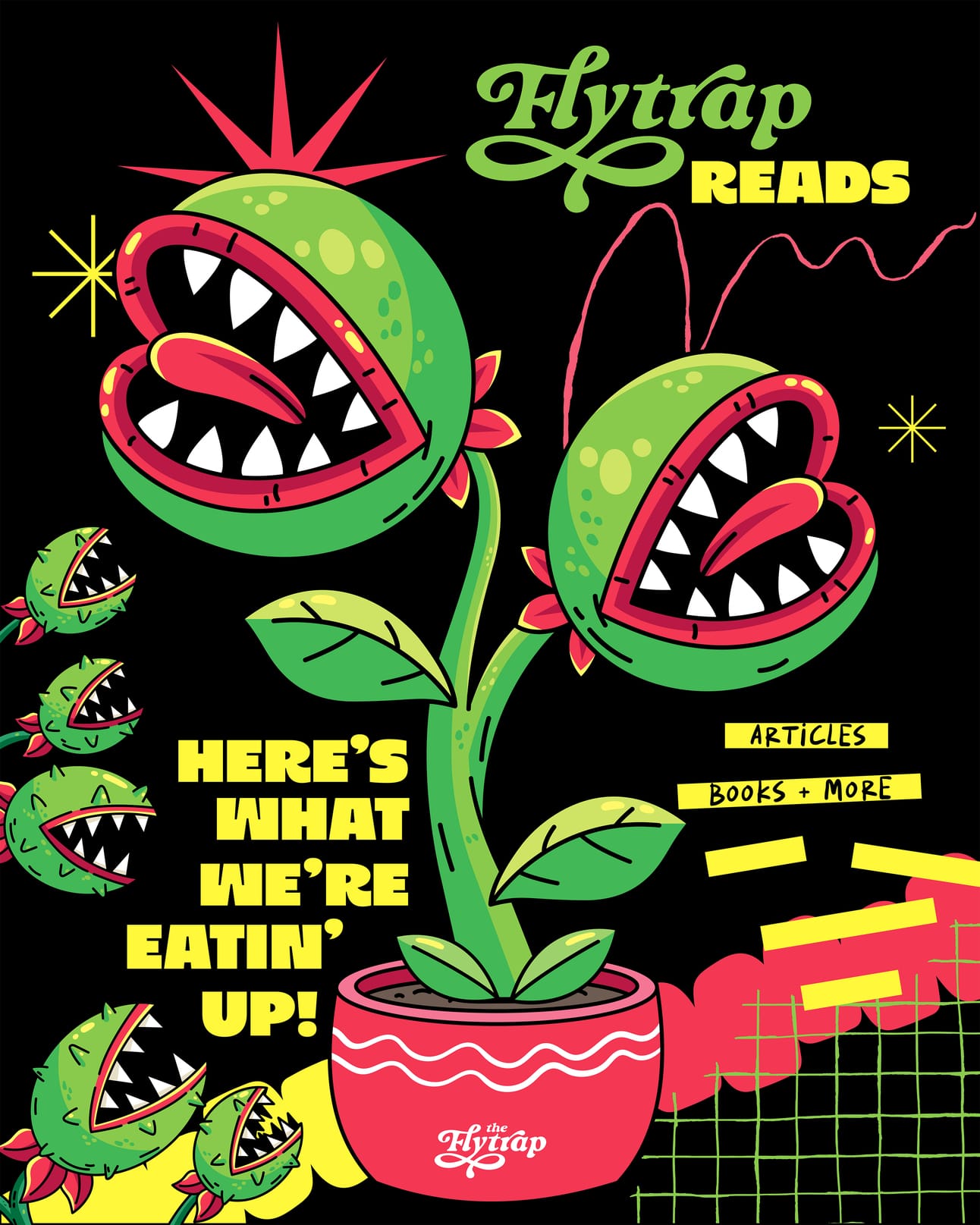 An illustration of a flytrap chomping the words "Flytrap Reads."