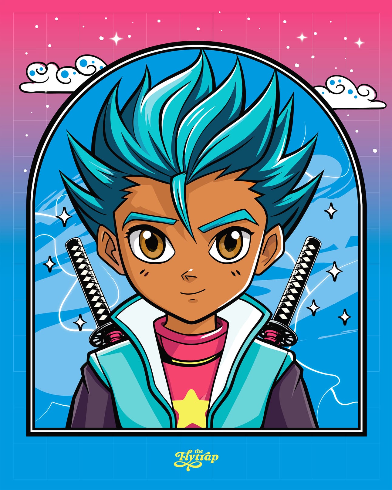 Illustration: An anime magical boy looking fiercely at the camera, katana sheathed on his back.