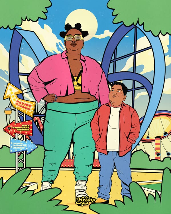 A joyous fat Black woman in a fly outfit standing with a shorter, brown-skinned person in front of an amusement park.