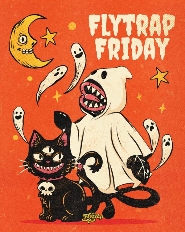 A Venus flytrap wearing a ghost costume, accompanied by a three-eyed black cat.