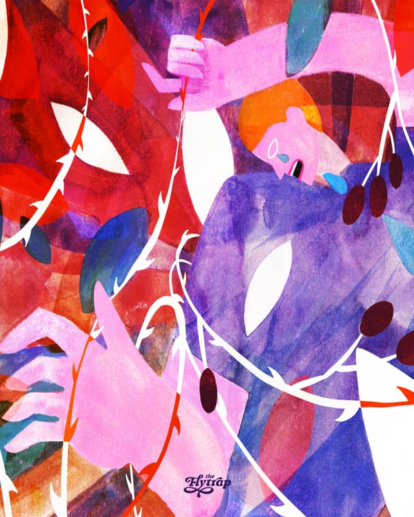 An illustration in bold violet, orange, and red of a person clawing through blackberry vines.