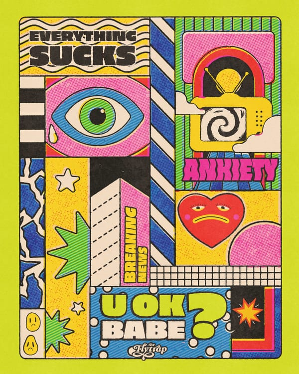 A pop-art style poster advising that EVERYTHING SUCKS with a scattering of sad faces, eyes, televisions, and other iconography.
