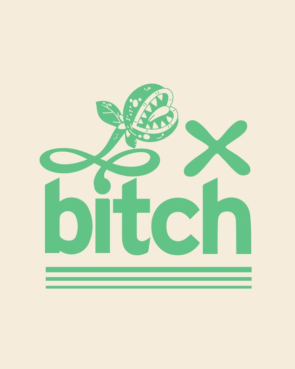 A Flytrap x Bitch graphic in cream and teal.