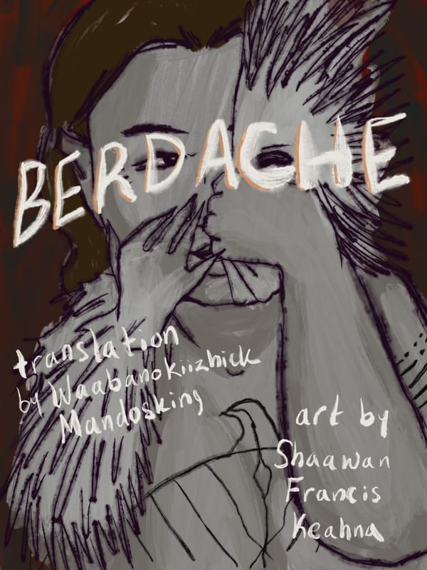 A drawing of a person with a wide-winged bird tattoo on their chest and one feathery arm and feathers on the opposite side of their face; the person is covering their mouth.