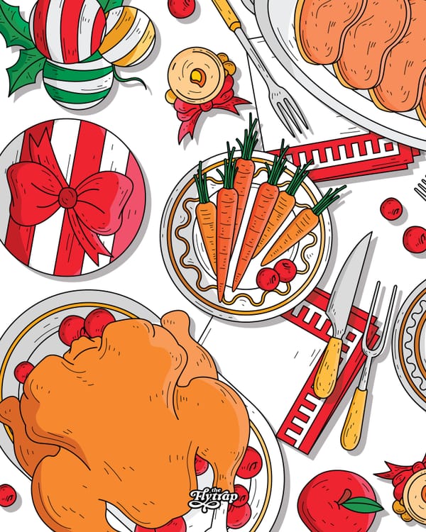 A colorful illustration of a holiday table.
