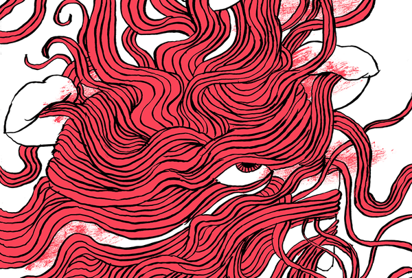 A red and black illustration of disembodied lips and eyes and a snarl of noodles.