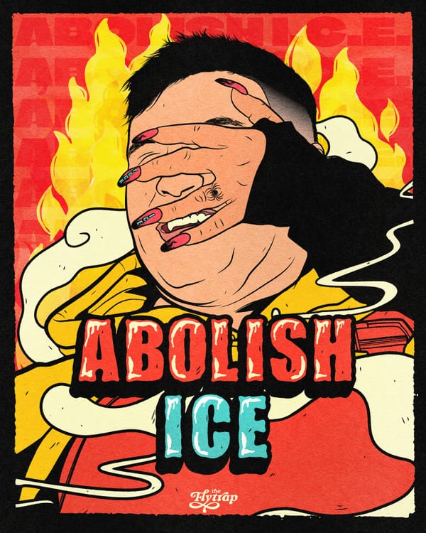 A woman's hand with long pink anti-ICE nails over the face of a screaming man. Overlaid text: ABOLISH ICE.