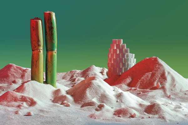 A sandy landscape made of sugar, sugar cane, and sugar cubes in front of a green background.