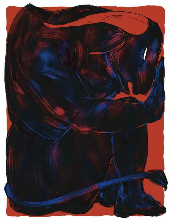 Illustration of a large dark blue, red, and black monster with horns and a long tail curled up, pushing its hands against the red edge of the frame.  