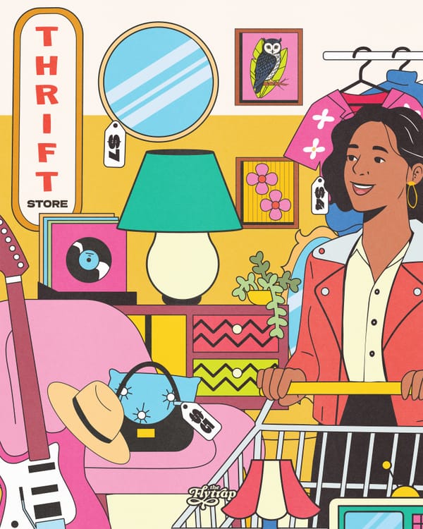 A rainbow-colorful illustration of a brown-skinned woman shopping in a thrift store of delights, featuring a pink guitar, records, a sun hat, and electronics