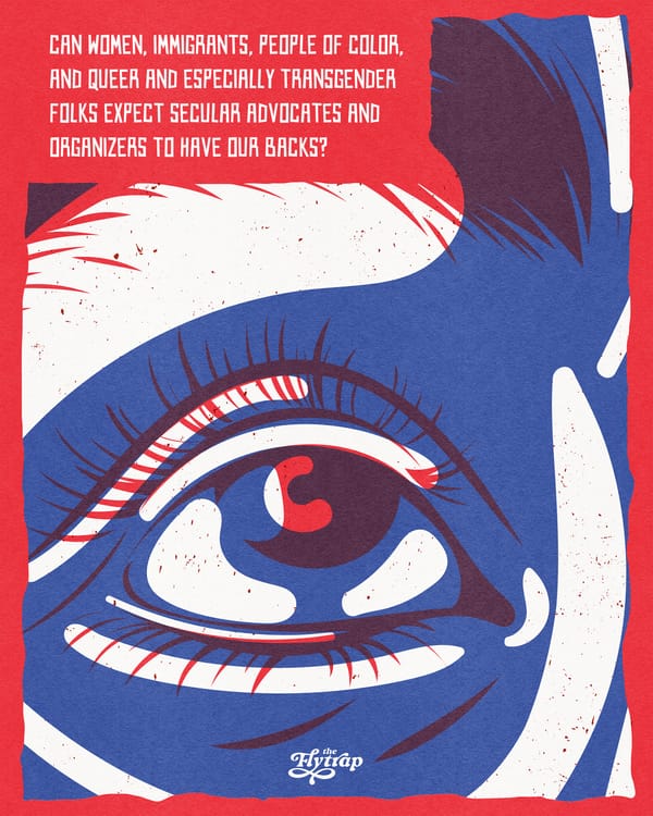 Red, white, and blue illustration of an eye with text asking whether marginalized communities can count on secular advocates.
